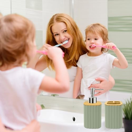 Bathroom Accessories Set, Sage Green Soap Dispenser and Toothbrush Holder | Bamboo Bathroom Sets Accessories, Bathroom Set Striped - color: Sage Green