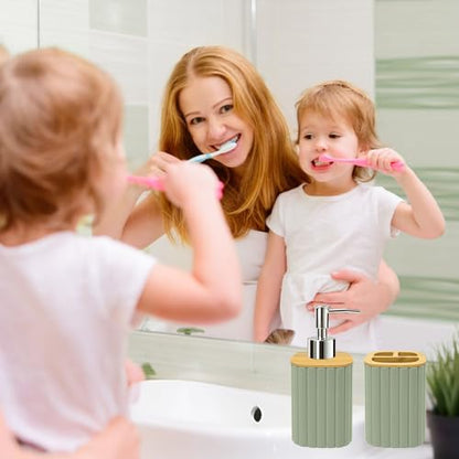 Bathroom Accessories Set, Sage Green Soap Dispenser and Toothbrush Holder | Bamboo Bathroom Sets Accessories, Bathroom Set Striped - color: Sage Green