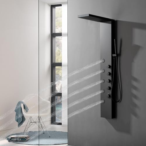 Shower Panel Tower System with Rainfall Shower Head | 5 Body Jets and Handheld Shower Head Modern Massage Shower System Matte Black by Homevacious - color: Matte Black, style: Standard Shower Panel