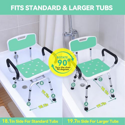Swivel Shower Chair for Inside Shower, 400 lbs, Adjustable Height | Heavy Duty Non-Slip Shower Stool, Bath Seat with Removable Back and Arms, Safety Shower Stool for Seniors and Disabled - color: Light Green