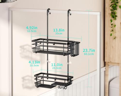 HapiRm Hanging Shower Caddy – For Renters & Small Bathrooms, Fits Shower Curtain Rods, No Drilling, 2 Rustproof 304 Shelves, 4 Hooks, and a Detachable Toothbrush Holder You Can Rinse - Black - color: Black