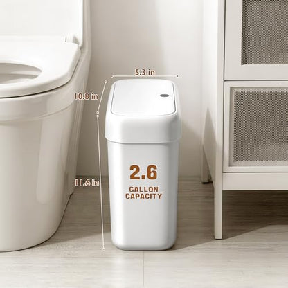 Small Bathroom Trash Can with Lid, 2.7 Gallon Slim Press-Top Trash Can, Pet-Resistant Narrow Plastic Wastebasket, White Garbage Bin for Bathroom Bedroom Office Dorm RV - size: 2.7 Gallon
