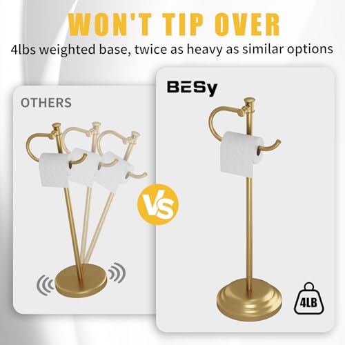 Toilet Paper Holder Floor Stand, Bathroom Freestanding Gold | Toilet Tissue Roll Holder, Free Standing Rack with Storage, Weighted Base Accessories, SUS304 Stainless Steel Rustproof - color: Gold