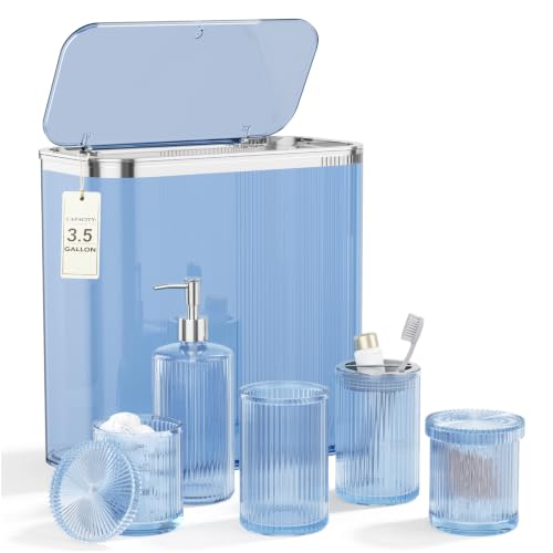 Blue Bathroom Accessories Set, 3.5 Gal Trash Can with Press-Top Lid, Glass Bathroom Set Inclued Soap Dispenser, Toothbrush Holder, Tumbler, Qtip Holders, Vintage Bathroom Sink Set Cute Bathroom Decor - color: Blue, size: 6 Pieces