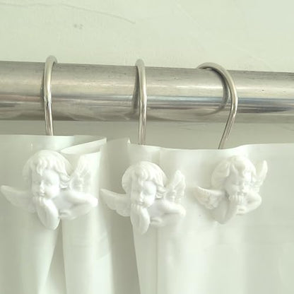 Twofish Home White Angel Shower Curtain Hooks Anti Rust Shower Curtain Hooks Decorative Resin White Angel Shower Curtain Rings Set of 12 - color: White Angel-1