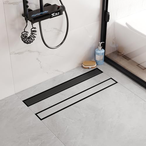 Neodrain 24In Offset Linear Shower Drain w/Tile Insert Grate Cover, Black | 304 Stainless Steel Rectangle Side Outlet Shower Floor Drain, Adjustable Leveling Foot, Hair Strainer/Catcher - color: Matte Black-tile Insert Cover, size: 24 IN