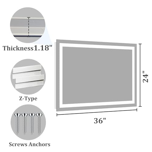 Koonmi 36x24 LED Bathroom Mirror, Shatterproof Mirror with Light | 90CRI Shatterproof Vanity Mirror with Backlit + Front Lit, Easy Install for Bathroom Hotel (IP65) - size: 36"L x 24"W