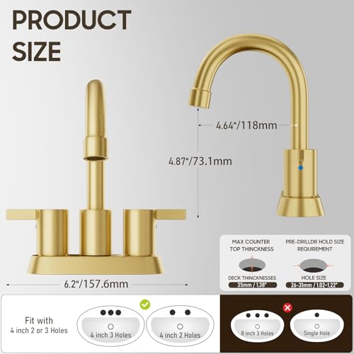 Brushed Gold 4 Inch 2 Handle Centerset Lead-Free Bathroom Faucet, Swivel Spout with Copper Pop Up Drain and 2 Water Supply Lines, BF015-1-BG - color: Brushed Gold