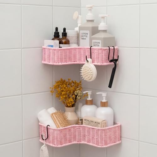 GRANNY SAYS 2 Pack Wicker Corner Shower Caddy Hanging, Shower Shelf for Inside Showers, Adhesive Shelves for Bathroom Organizers and Storage, Bathroom Shelves Wall Mounted with 4 Hooks for Decor, Pink - color: Pink, size: Corner