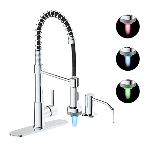 Kitchen Faucet with LED Light, Chrome Faucet with Soap Dispenser, Faucet for Kitchen Sink, Single Handle Stainless Steel Kitchen Sink Faucets with Pull Down Sprayer, Camper Farmhouse RV - color: E-Chrome Polished, style: Rustic