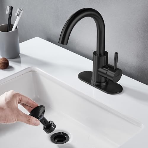 Matte Black Bathroom Sink Faucet Single Hole, Modern Single Handle Bathroom Faucet Commercial Stainless Steel Bar Faucet Laundry Sink Faucet with Drain - color: Matte Black, size: With drain