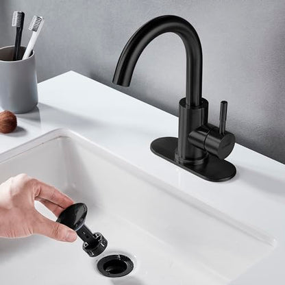 Matte Black Bathroom Sink Faucet Single Hole, Modern Single Handle Bathroom Faucet Commercial Stainless Steel Bar Faucet Laundry Sink Faucet with Drain - color: Matte Black, size: With drain