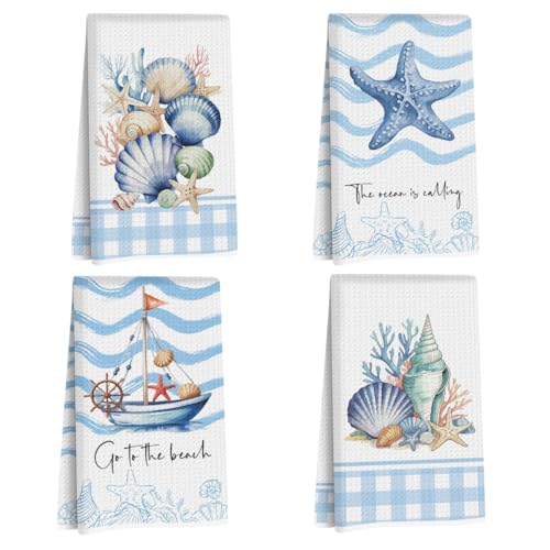 4Pcs Ocean-Themed Kitchen Towels for Coastal Home Decor, Gifts for Women | Vibrant Sea Turtle, Starfish, Seashell Sailboat Designs with Inspirational Quotes, Birthdays, Christmas, Party Gifts - color: Coastal Beach Pattern
