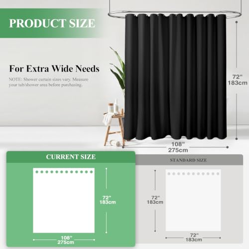 Extra Wide Waffle Shower Curtain 256 GSM Fabric 108x72 Black | 108 Inch Wide, Thick Cloth, Weighted Hem, Water Repellent, Hotel Luxury Polyester Shower Curtain Set for Bathroom 18 Hooks - color: Black, size: 108"W x 72"L (Pack of 1)