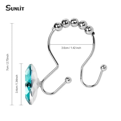 Sunlit Luxury Design Round Teal Blue Diamond Crystal Gem Bling with Glide Balls Double Shower Curtain Hooks for Mermaid Shower Curtains, Rust Proof Metal Rhinestones Glam Shower Curtain Rings-12 Pack - color: Teal With Double Hooks
