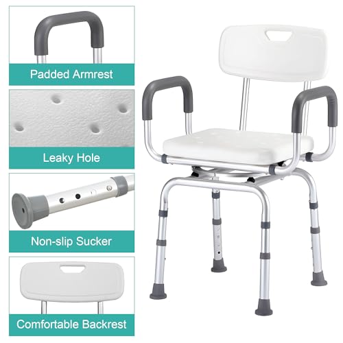 PETKABOO 360 Degree Shower Chair Swivel,Portable Seat with Armrests and Back, Adjustable Height Seat for Bathtub (White1)