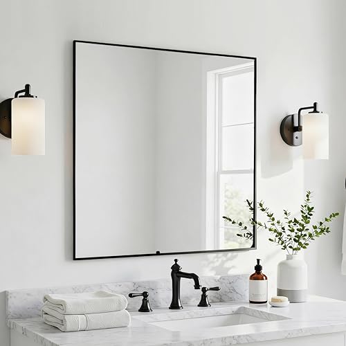 LEDLUX 28x28 Inch Black Bathroom Mirror, Copper-Free Aluminum Alloy Frame Vanity Mirror, Rectangle Wall Mounted Modern Mirror for Bedroom/Living Room/Porch Horizontal or Vertical - color: Black, size: 28"L x 28"W