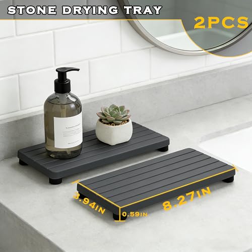 2PCS Stone Drying Tray, Water Absorbing Stone Tray for Sinks, Neat Diatomite Sink Trays, Fast Drying Kitchen Sponge Hand Soap Holder, Instant Dry Sink Coasters Used for Bathroom Counter -Dark Gray - color: 2pcs Dark Gray 5stripes