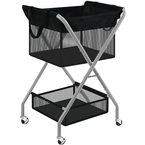STO STO 2-Tier Foldable Laundry Cart with Wheels, 75L Tall Rolling Laundry Hamper, Collapsible Laundry Basket with Removable Bag, Rust-Resistant Steel Frame for Laundry Room, Bathroom, Dorm, Black