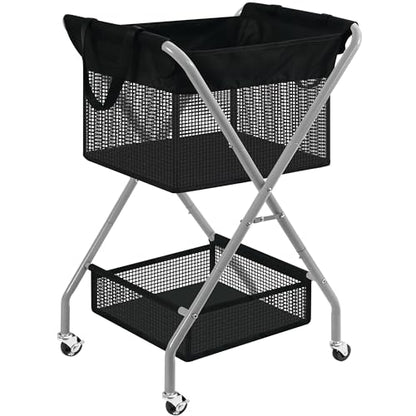 STO STO 2-Tier Foldable Laundry Cart with Wheels, 75L Tall Rolling Laundry Hamper, Collapsible Laundry Basket with Removable Bag, Rust-Resistant Steel Frame for Laundry Room, Bathroom, Dorm, Black