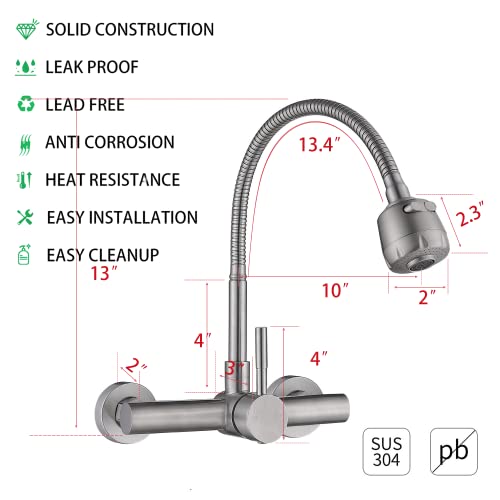 Wall Mount Faucet 8"" Center, with Flexible Hose and Dual Functional Sprayer - color: Style A, Brushed Nickle