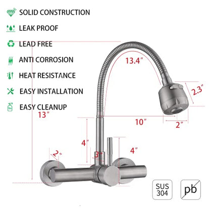 Wall Mount Faucet 8"" Center, with Flexible Hose and Dual Functional Sprayer - color: Style A, Brushed Nickle