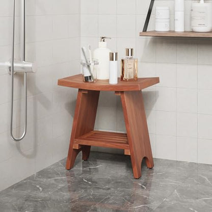 EROMMY 18" Teak Shower Bench with Storage Shelf, Solid Teak Wood Shower Seat, Waterproof Shower Stool for Shaving Legs, Shower Chair for Inside Bathroom Indoor Outdoor Patio Pool - size: 18" Teak Shower Bench