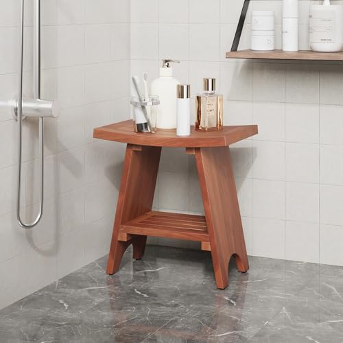 EROMMY Teak Shower Bench with Storage Shelf, 18.3" H Solid Wood Shower Stool, Water Resistant Bathroom Bench, Shower Seat and Shaving Foot Rest for Indoor & Outdoor Use - size: 18"