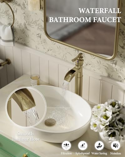 Homevacious Vessel Sink Faucet Brushed Gold Waterfall Tall Bathroom Faucet | Single Handle 1 Hole Bowl Sink Faucet with Pop Up Drain Assembly and Water Supply Hose Commercial Lavatory Mixer Tap - color: Brushed Gold