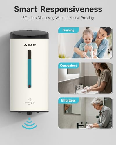 AIKE Automatic Foaming Soap Dispenser 25oz for Bathroom,Mattewhite AK1205FA | Rich Foam and Stainless Steel,No-drill and Screw Wall Mount,5-Level Adjustable and Key for Commercial(Batteries Not Included) - color: Matte White Stainless Steel
