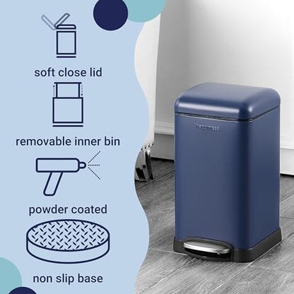 happimess Betty Retro Mini 3.2 Gal Step Trash Can, Denim Blue | Soft-Close Lid, Removable Liner, Iron, Hands-Free Pedal, Satin Finish, Non-Skid Base, Built-In Damper, Modern, Minimalistic - color: Denim Blue