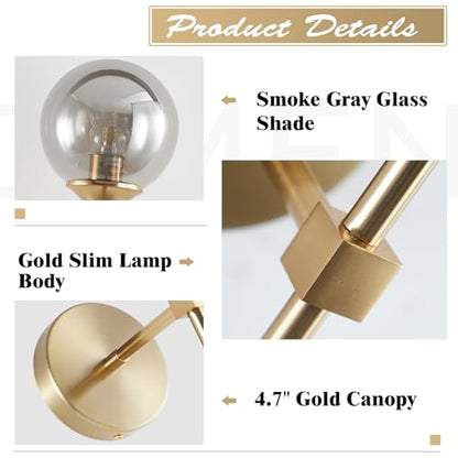 KCO 2 Pack Mid Century Modern Brass Gold Smoke Gray Glass Globe Wall Sconce | E26 Hardwired, Up/Down Mounted, Long Linear Rod, Farmhouse Wall Light Fixture for Bedroom Bathroom Hallway Living Dining Room - color: Smoke Grey