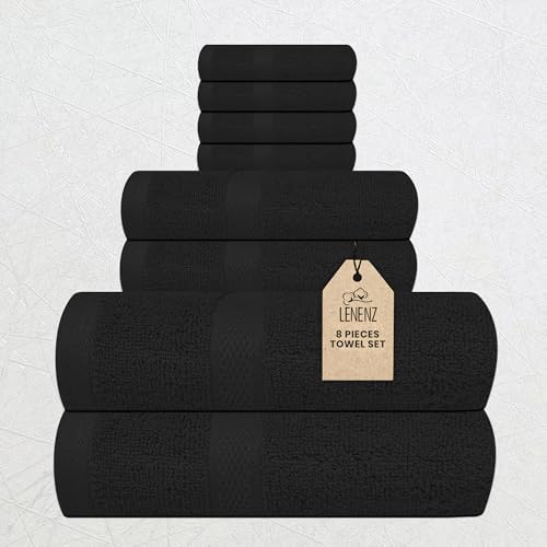Luxury 8 Piece Set, 2 Bath Towels 2 Hand Towels 4 Washcloths, 100% Cotton Towels for Bathroom, Home, Spa, Hotel & Gym – Ultra Soft, Highly Absorbent, Quick Dry (Black) - color: Black, size: Towel Sets - Pack of 8