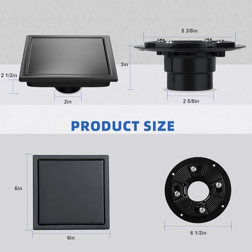 Square Shower Floor Drain with Flange, Shower Drain 6 inch with 2 in 1 Tile-Insert Cover, SUS 304 Stainless Steel, Matte Black - color: Matte Black, size: Ultra flat surface