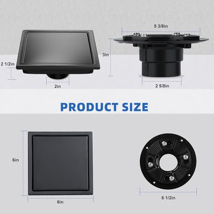 Square Shower Floor Drain with Flange, Shower Drain 6 inch with 2 in 1 Tile-Insert Cover, SUS 304 Stainless Steel, Matte Black - color: Matte Black, size: Ultra flat surface