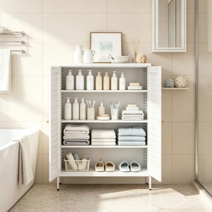 VASAAOSD Metal Bathroom Storage Cabinet, 40.1” Floor Buffet Cabinet White | Adjustable Shelves, Metal, Fluted Doors, Small Storage Sideboard for Bathroom, Kitchen, Living Room, Dining Room, Entryway
