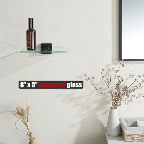 JQK Bathroom Glass Shelf Black, Tempered Glass Shower Storage 8 by 5 inches, 304 Stainless Steel Matte Black Wall Mount, TGS201L8-PB - color: Matte Black, size: 8 Inch
