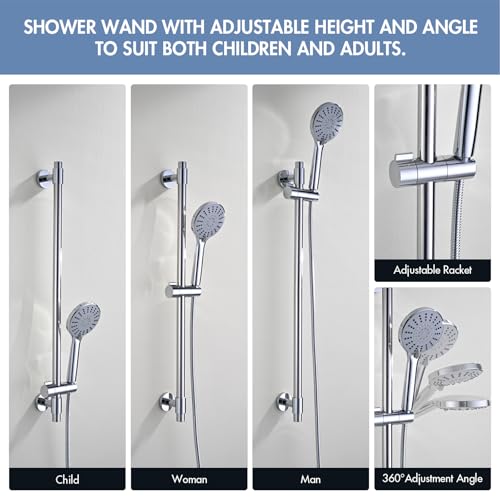 Adjustable 30-Inch Shower Slide Bar with 5-Function Handheld Shower Head, Stainless Steel Wall Mount Shower Slide Bar Set with Extra Hose (Chrome) - color: Chrome