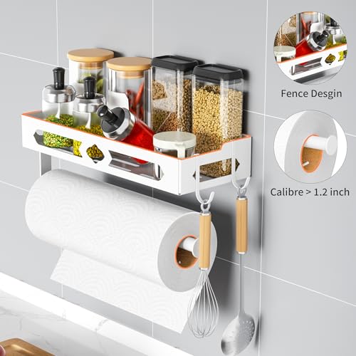 Wall Mount Paper Towel Holder with Shelf for Bathroom, Kitchen,White 2Hooks | Metal Spice Rack, Easy One-Hand Tear Design Mounted Hanging Hand Paper Towel Roll Holder for RV, Home(Self Adhesive or Drill) - color: White