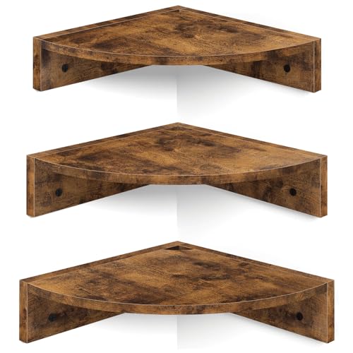 Homode Corner Shelf Wall Mount, Set of 3 Floating Corner Shelves with Cord Hole, 3 Tier Wood Wall Display Shelf, Storage for Bathroom Living Room Kitchen Bedroom, Rustic Brown and Black - color: Brown