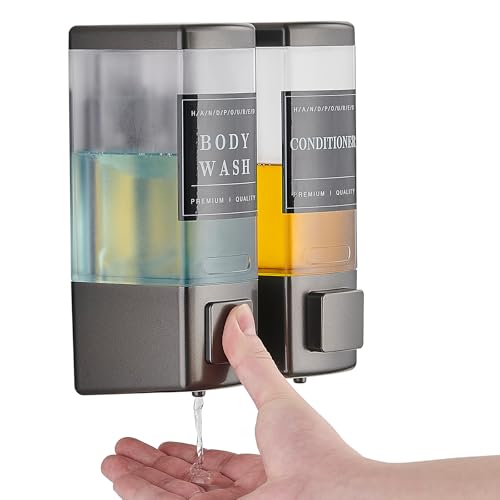 Pollock Shampoo and Conditioner Dispenser 2 Chamber * 500ML | Shower Soap Dispenser Wall Mounted, Body Wash Dispenser No Drill, Refillable Shower Dispenser for Bathroom - color: Blk-zt-53-gun2
