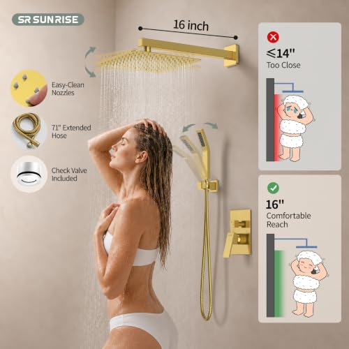 SR SUN RISE Shower Faucets Sets Complete Brushed Gold Square Rain Shower Head with Handheld Spray All Metal Shower Faucet Trim Repair Kits (Contain Shower Valve) - color: Brushed Gold, size: 10 Inch