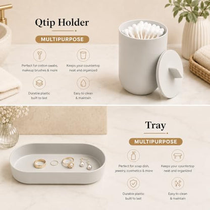 LGURT Light Gray Bath Accessories — 4-Pc Dispenser, Cup, Tumbler & Tray | Plastic, Vanity Tray (7.87"×2.56"), Apartment Dorm Guest Bath, Soap Dish, Gift - color: Light Gray