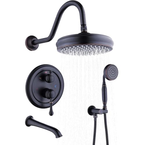 Enga Antique Brass Tub Shower Faucet Fixture Shower System, 8inch Wall Mount Rain Shower with Spout and Hand Spray,Oil Rubbed Bronze - color: Oil Rubbed Bronze, style: 8" Head + Tub