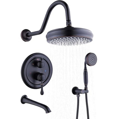 Enga Antique Brass Tub Shower Faucet Fixture Shower System, 8inch Wall Mount Rain Shower with Spout and Hand Spray,Oil Rubbed Bronze - color: Oil Rubbed Bronze, style: 8" Head + Tub