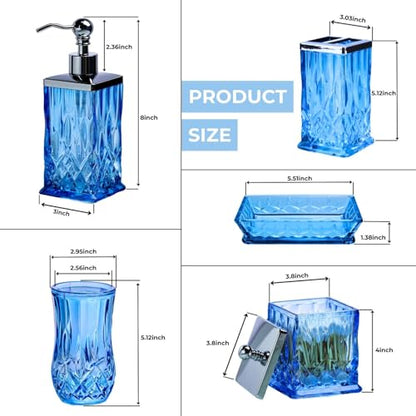 Blue Bathroom Accessories, Square Thick Glass & Metal Pump | Beautiful & weight, 5 pcs soap dispenser, toothbrush holder, soap dish, tumbler & jar, for mission/amish style - style: Square(Blue)