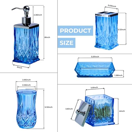 Blue Bathroom Accessories, Square Thick Glass & Metal Pump | Beautiful & weight, 5 pcs soap dispenser, toothbrush holder, soap dish, tumbler & jar, for mission/amish style - style: Square(Blue)