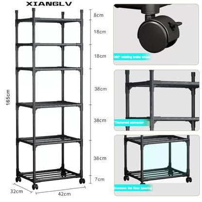 Black Shelving Unit, 42x 32 x 165 cm, 6 Tier Tall Narrow Shelving Unit with Wheels and Anti-Slip Feet, Adjustable Shelving (Black)