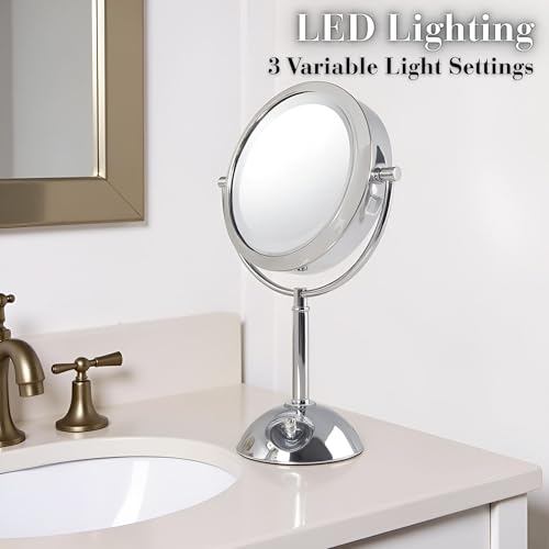 JERDON Lighted Makeup Mirror with 8X Magnification - Chrome - HL8808CL | Two-Sided 1X View, 8.5" Round Frame, 16" Tall, LED Lighting - color: Chrome