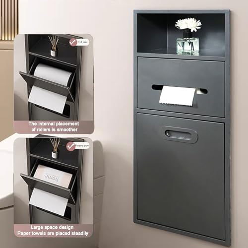Stainless Steel Recessed Shower Nich with Built-in Trash Can(25.4X11.2IN) | Waterproof Bathroom Niche Toilet Paper Toiletries Storage Rack for Kitchen Living Room Bedroom Hotel Residential - color: Black